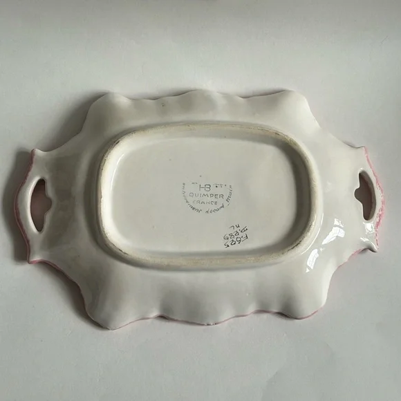 HB Quimper France Faience Camaieu Pink Floral Platter Tray With Handles - Picture 6 of 8